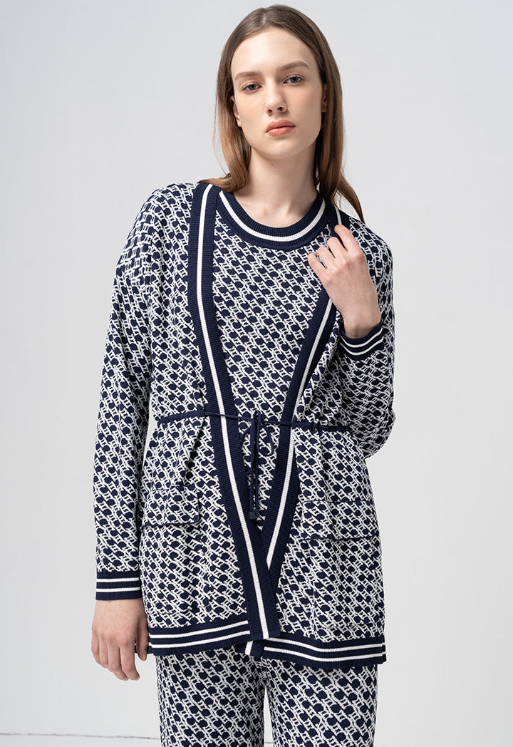 Choice Intarsia Long Sleeves Knitted Cardigan Navy