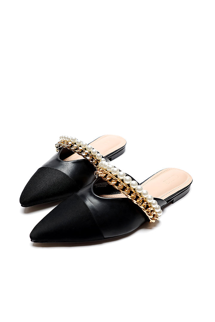 Choice Pearl Chain Link Embellish Mule Slide Sandals Black