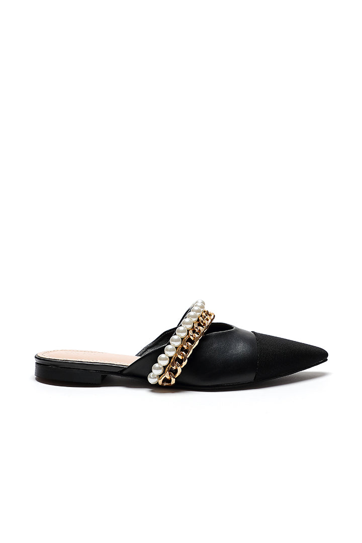 Choice Pearl Chain Link Embellish Mule Slide Sandals Black