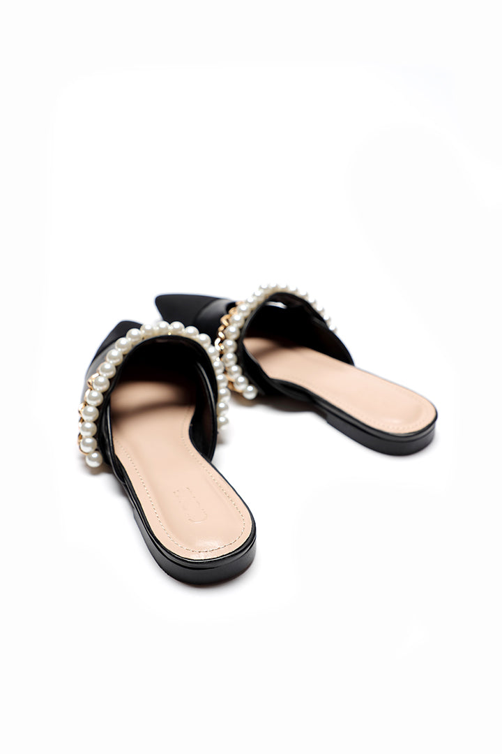 Choice Pearl Chain Link Embellish Mule Slide Sandals Black