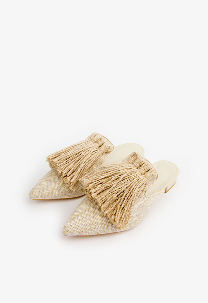 Choice Fringed Detail Flat Mules Light Beige