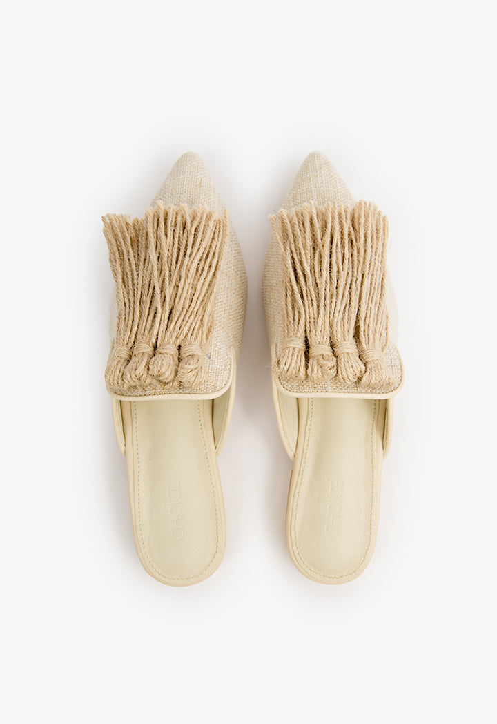 Choice Fringed Detail Flat Mules Light Beige