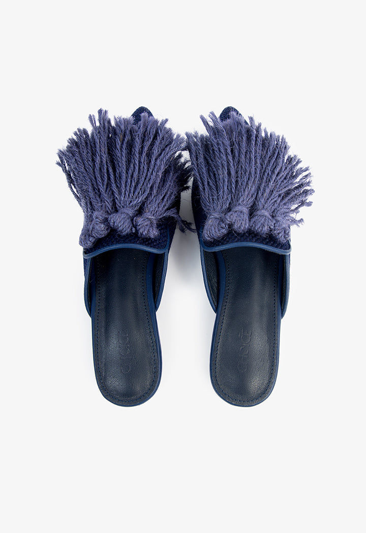 Choice Fringed Detail Flat Mules Navy