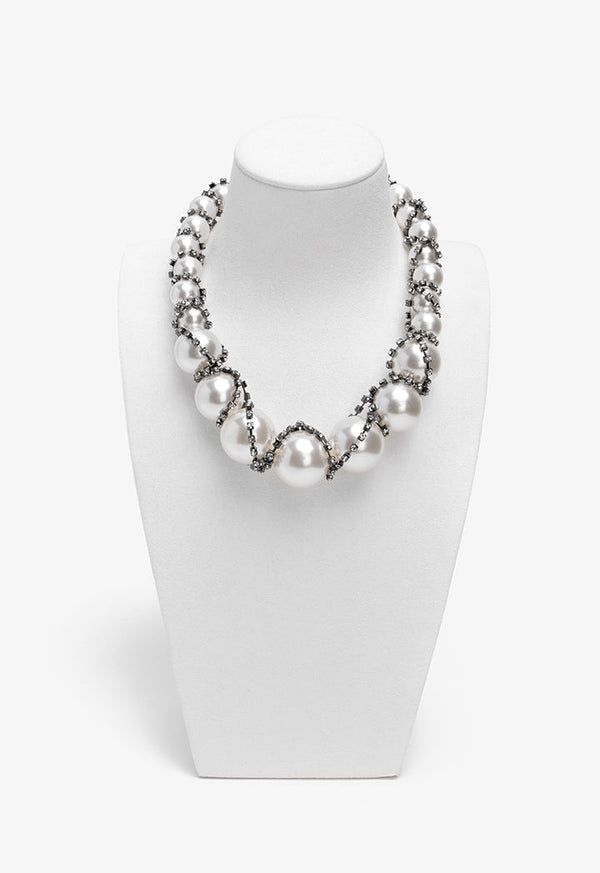 Choice Crystal Wrapped Faux Pearls Necklace Off White