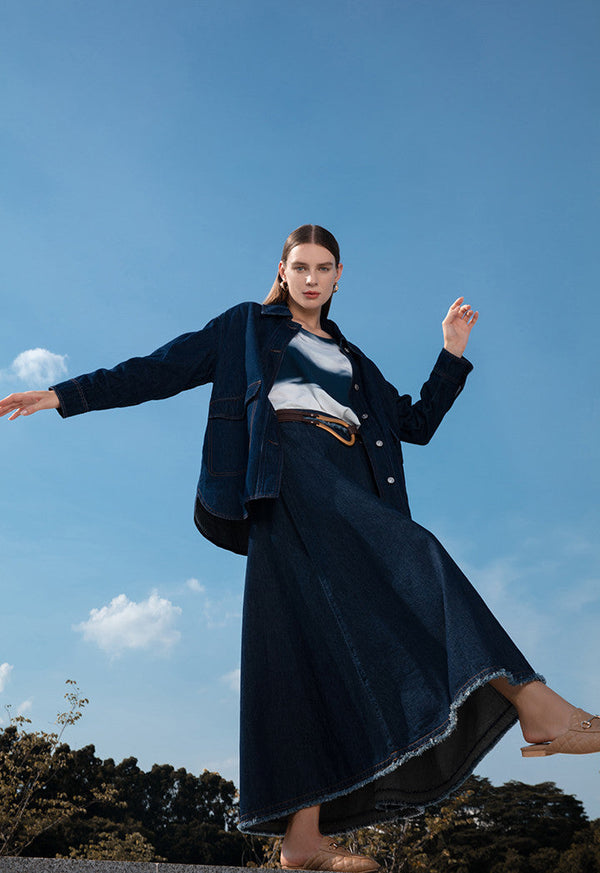 Choice Fringed A-Line Denim Long Skirt Blue