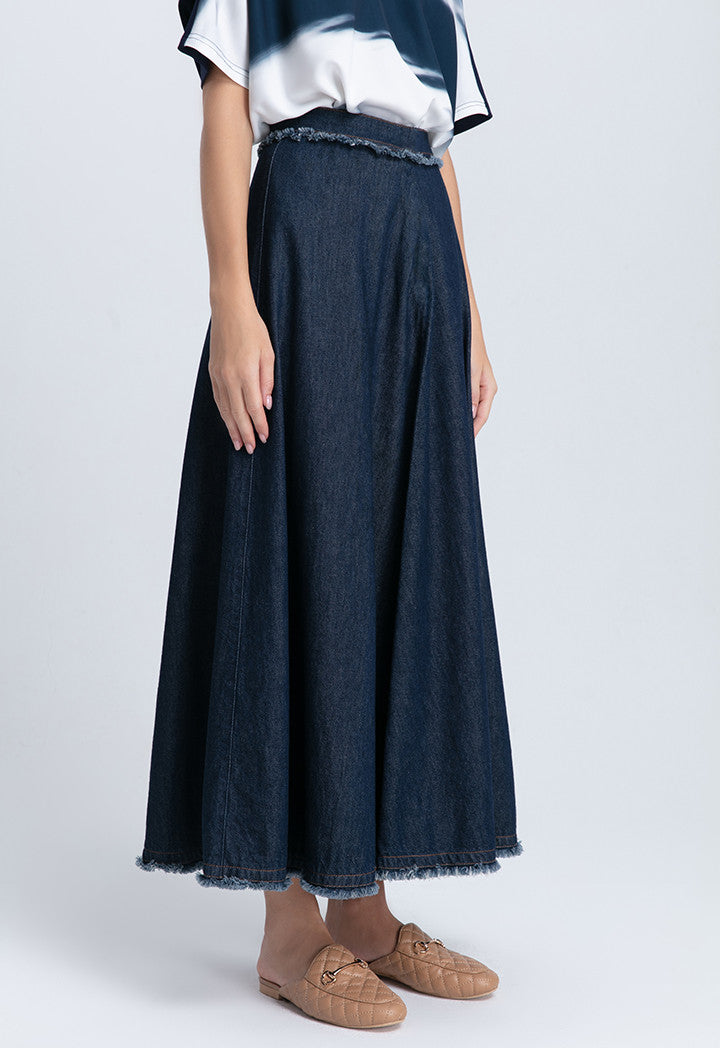 Choice Fringed A-Line Denim Long Skirt Blue