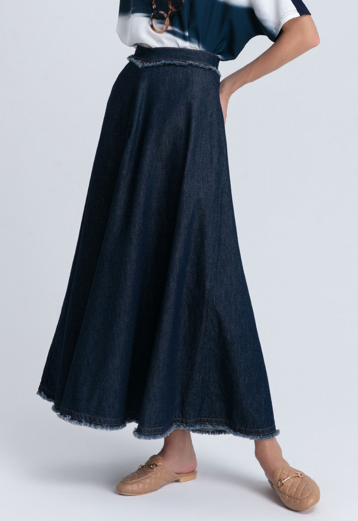 Choice Fringed A-Line Denim Long Skirt Blue