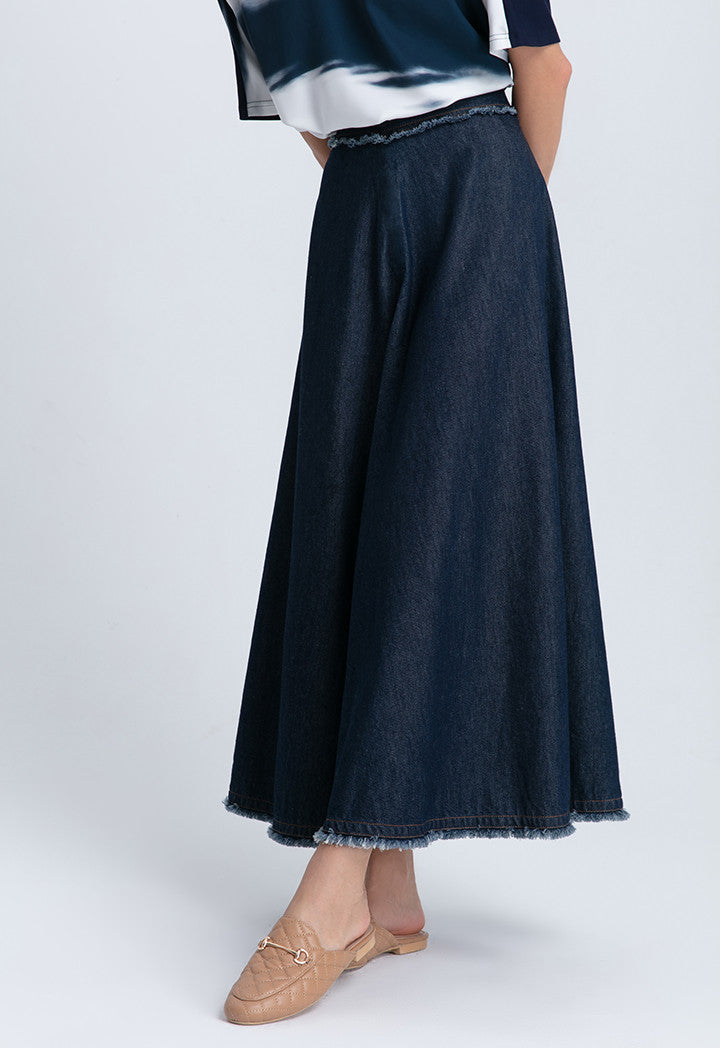 Choice Fringed A-Line Denim Long Skirt Blue