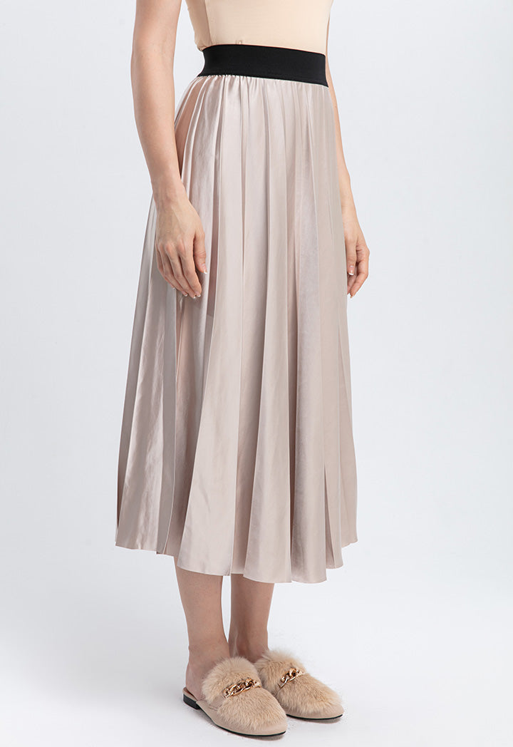 Choice Contrast Color Exposed Waist Elastic Pleated Skirt Latte