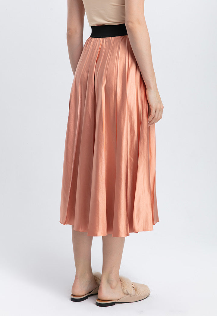 Choice Contrast Color Exposed Waist Elastic Pleated Skirt Apricot