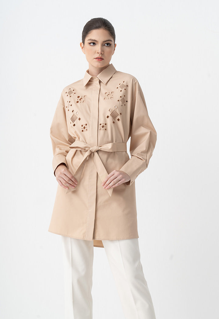 Choice Eyelet Embroidered Belted Shirt Beige