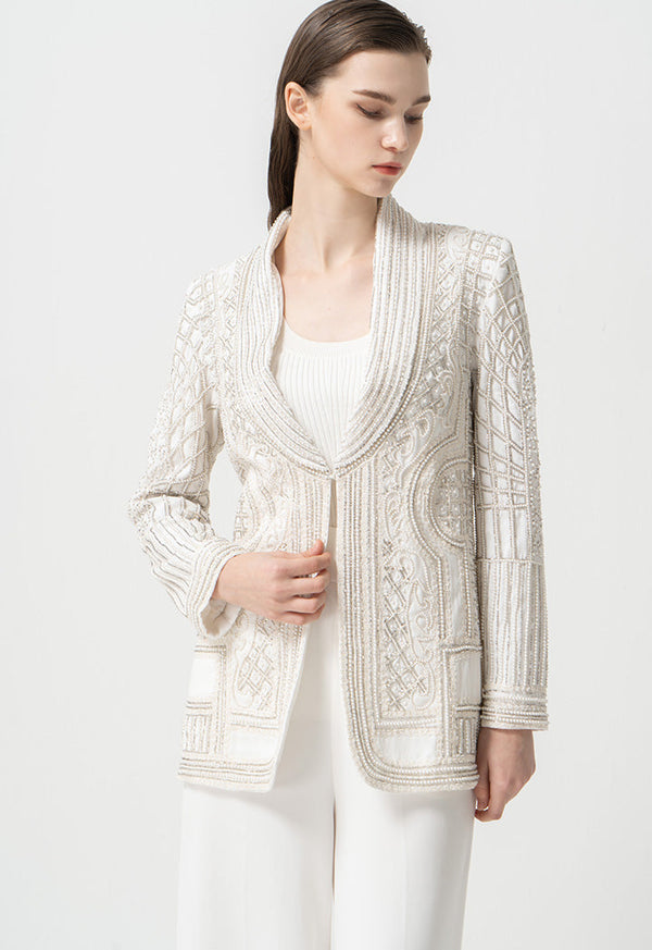 Choice Bead-Embroidered Patterned Blazer Offwhite