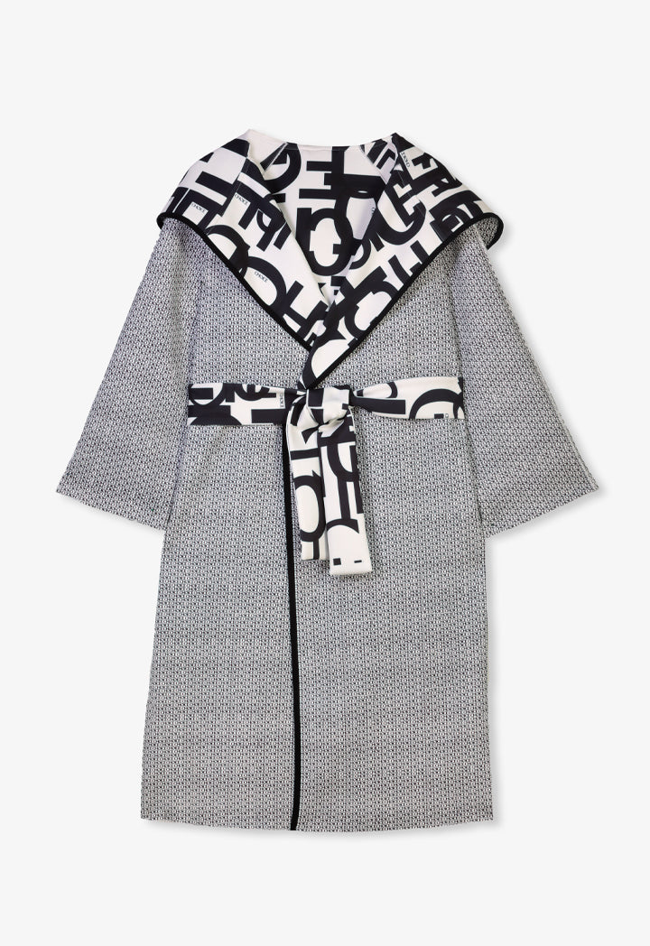 Choice Printed Monogram Belted Midi Coat Black-White