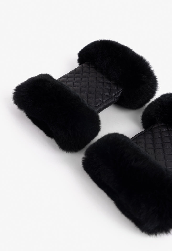 Choice Faux Fur Embellished Fingerless Gloves Black