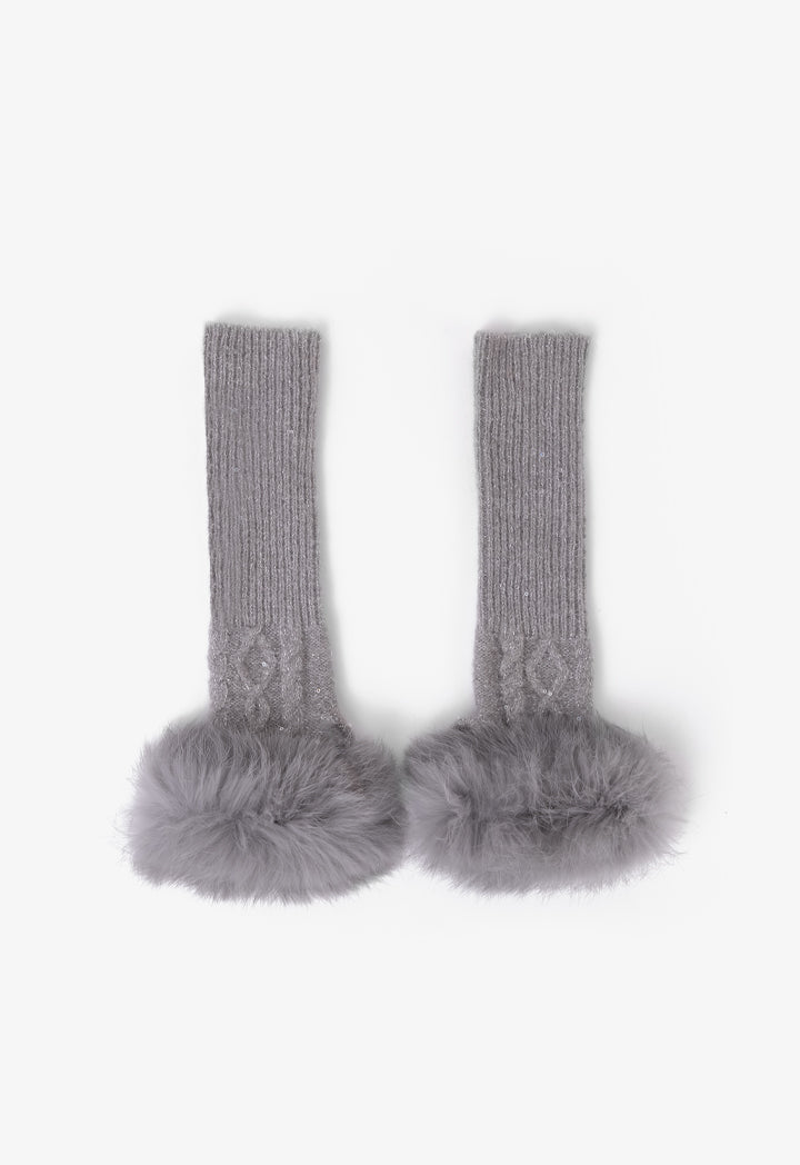 Choice Faux Fur Embellished Lurex Gloves Grey