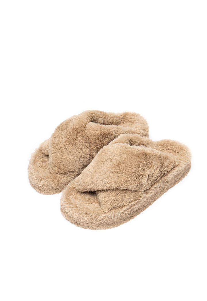 Choice Criss-Cross Strap Fur Slipper Beige