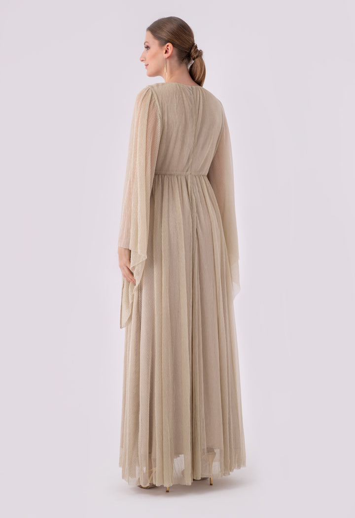 Choice Shirred Waist Angel Sleeve Lurex Maxi Dress Beige