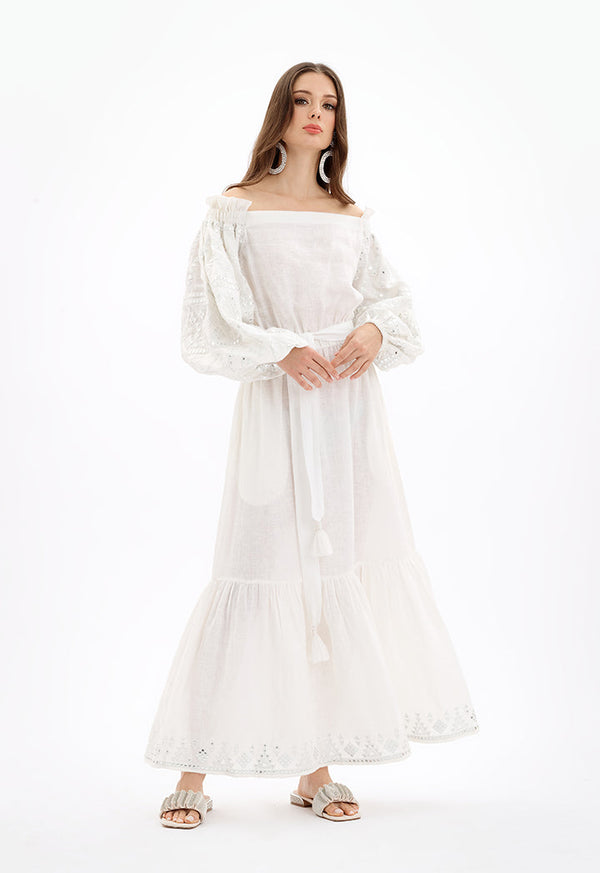 Choice Off Shoulder Maxi Embroidered Dress With Self-Fabric Belt-Ramadan Style Off White