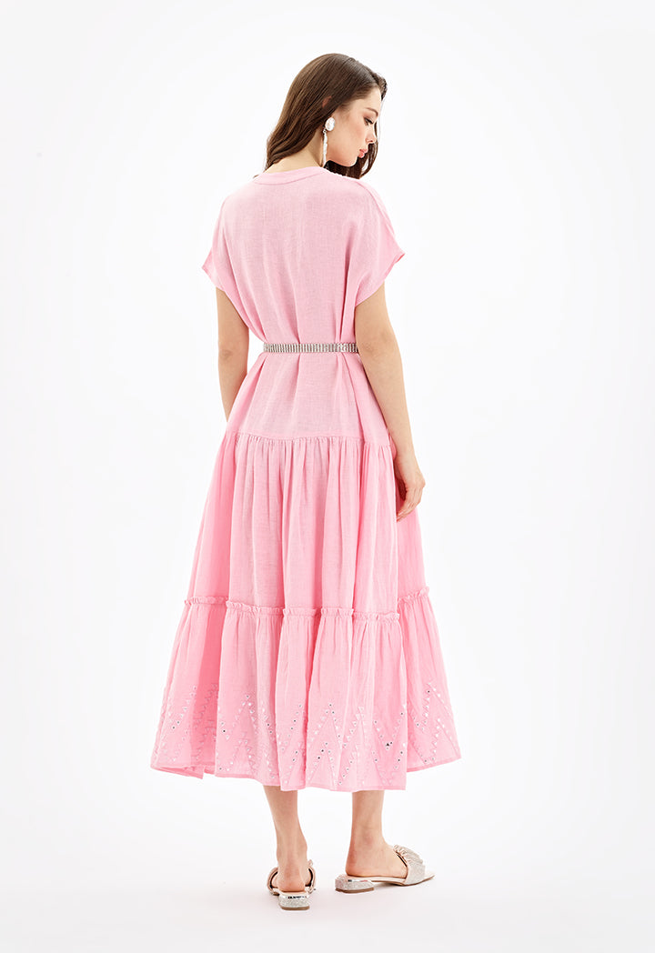 Choice Multi Tiered Embroidered Maxi Dress-Ramadan Style Pink