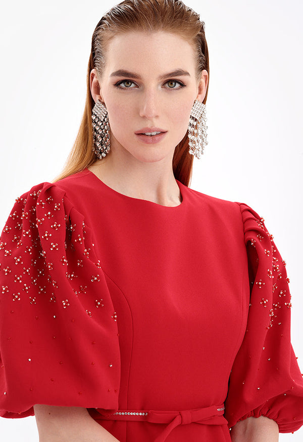 Choice Embellished Sleeve Dress Red