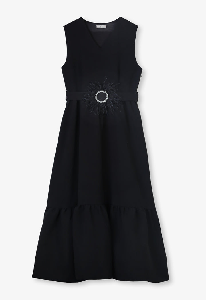 Choice Solid Sleeveless Maxi Party Dress With Crystal Embellished Belt Black