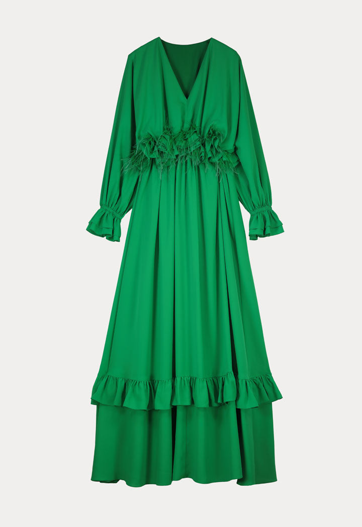 Choice Ruffle Fringe Tiered Solid Dress Green