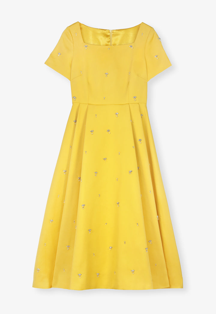 Choice Short Sleeves Embellished Midi Dress Yellow