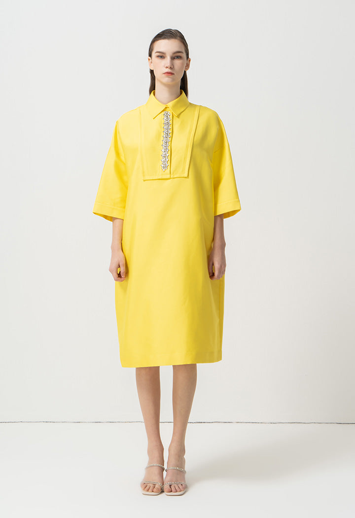 Choice Shirt Collar Embellished Crystal Dress Yellow