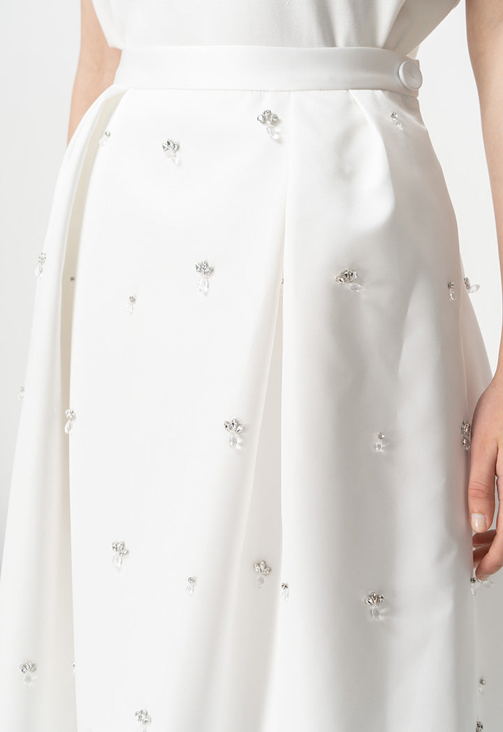 Choice Embellished Rhinestone Pleated Midi Skirt Offwhite