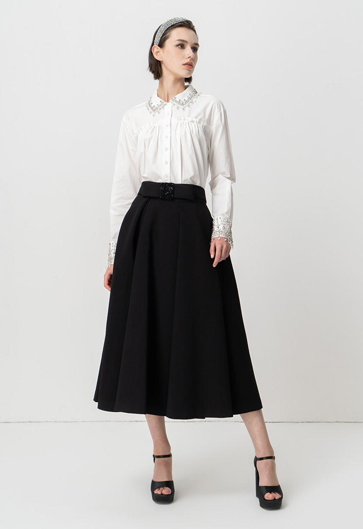 Choice Pleated Detail Solid Skirt Black