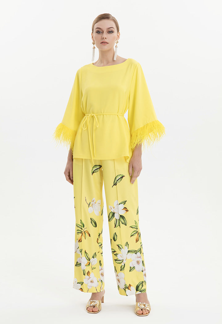 Choice Solid Blouse With Feather Details Yellow