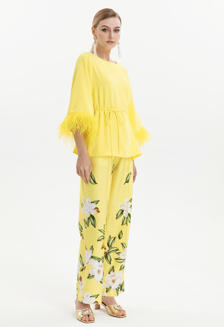 Choice Solid Blouse With Feather Details Yellow