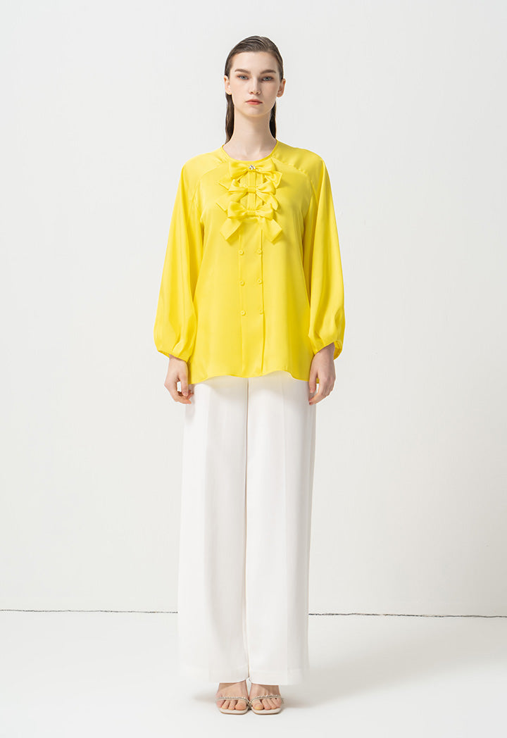 Choice Round Neck Embellished Crystal Ribbon Blouse Yellow