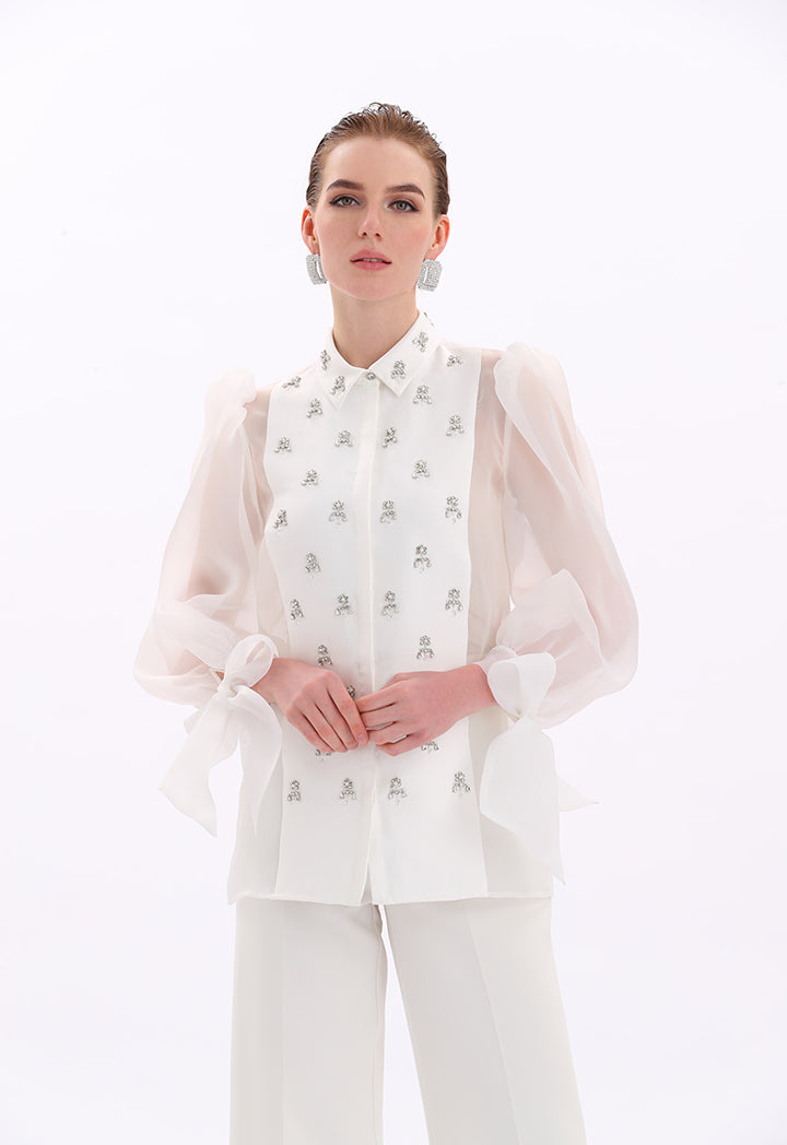 Choice Embellished Detail Organza Blouse Off White