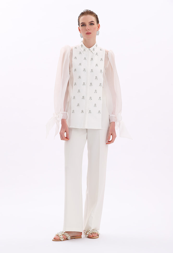 Choice Embellished Detail Organza Blouse Off White