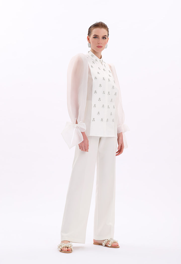 Choice Embellished Detail Organza Blouse Off White