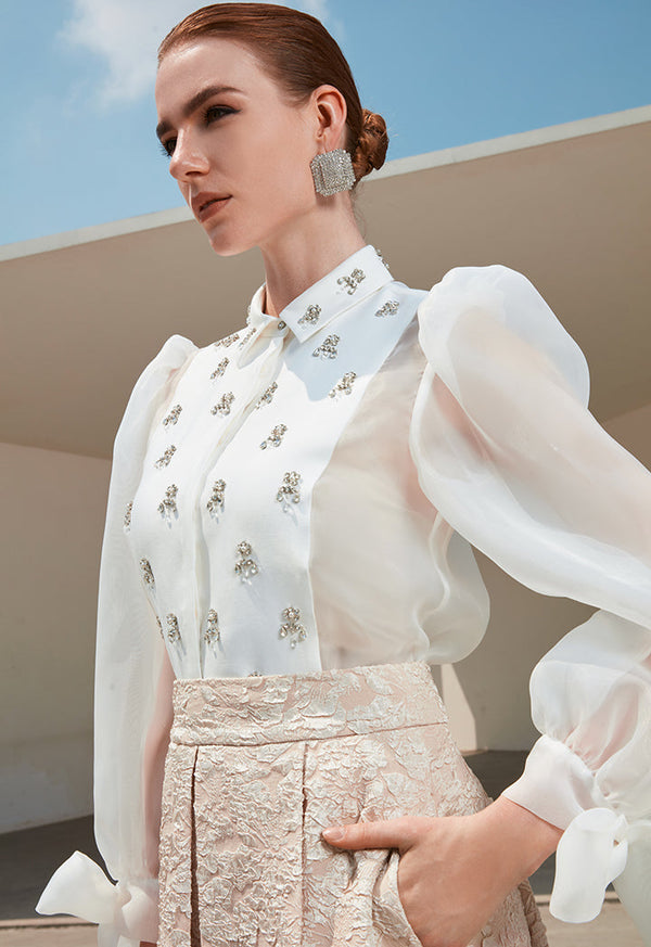 Choice Embellished Detail Organza Blouse Off White