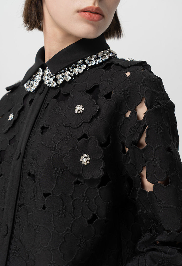 Choice Solid Long Sleeves Embellished Rhinestone Shirt Black