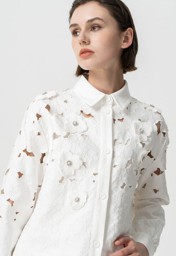 Choice Solid Long Sleeves Embellished Rhinestone Shirt Offwhite