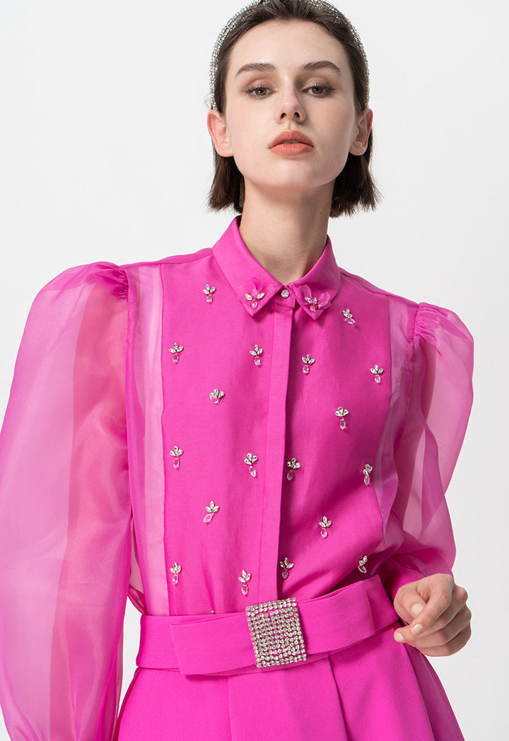 Choice Embellished Crystal Organza Shirt Fushia