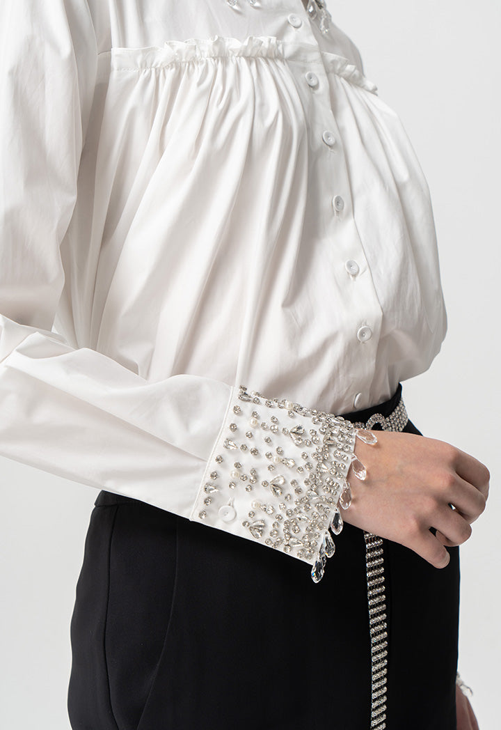 Choice Embellished Crystal Faux Pearl Shirt Offwhite