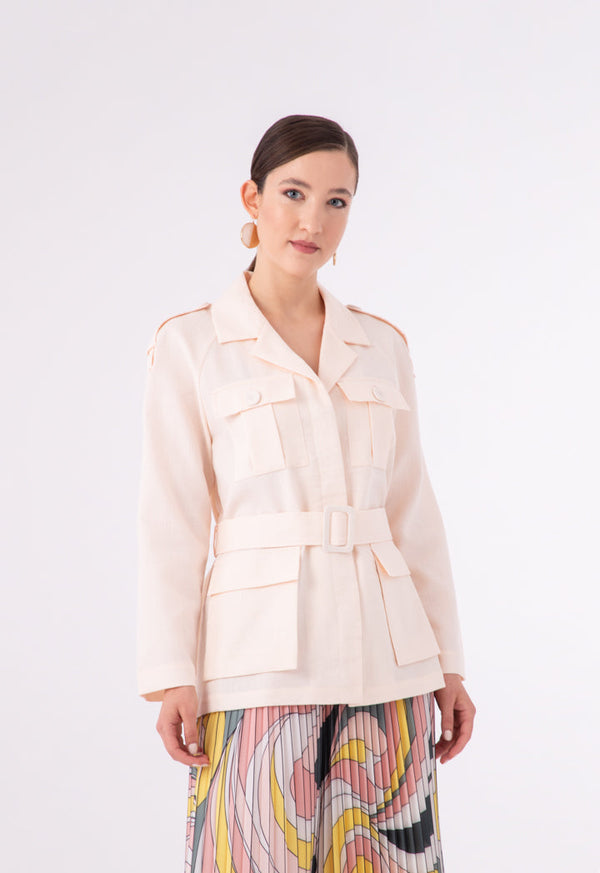 Choice Notched Lapel Multi Pocket Belted Jacket Beige