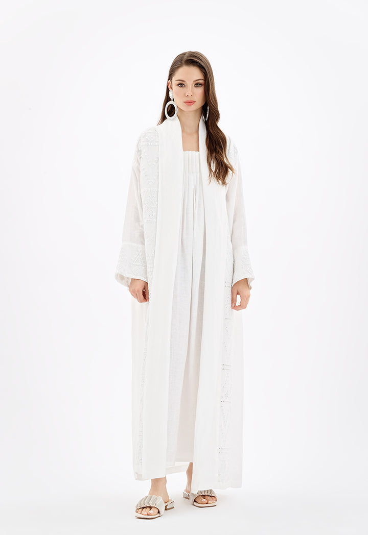 Choice Open Front Maxi Embroidered Abaya-Ramadan Style Off White