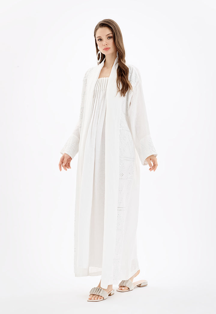 Choice Open Front Maxi Embroidered Abaya-Ramadan Style Off White