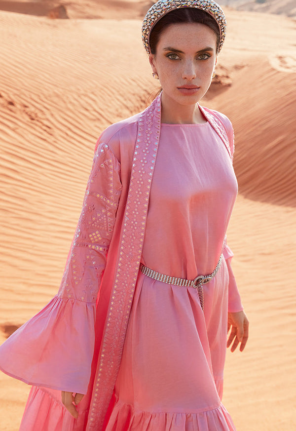 Choice Open Tiered Detailed Maxi Abaya-Ramadan Style Pink