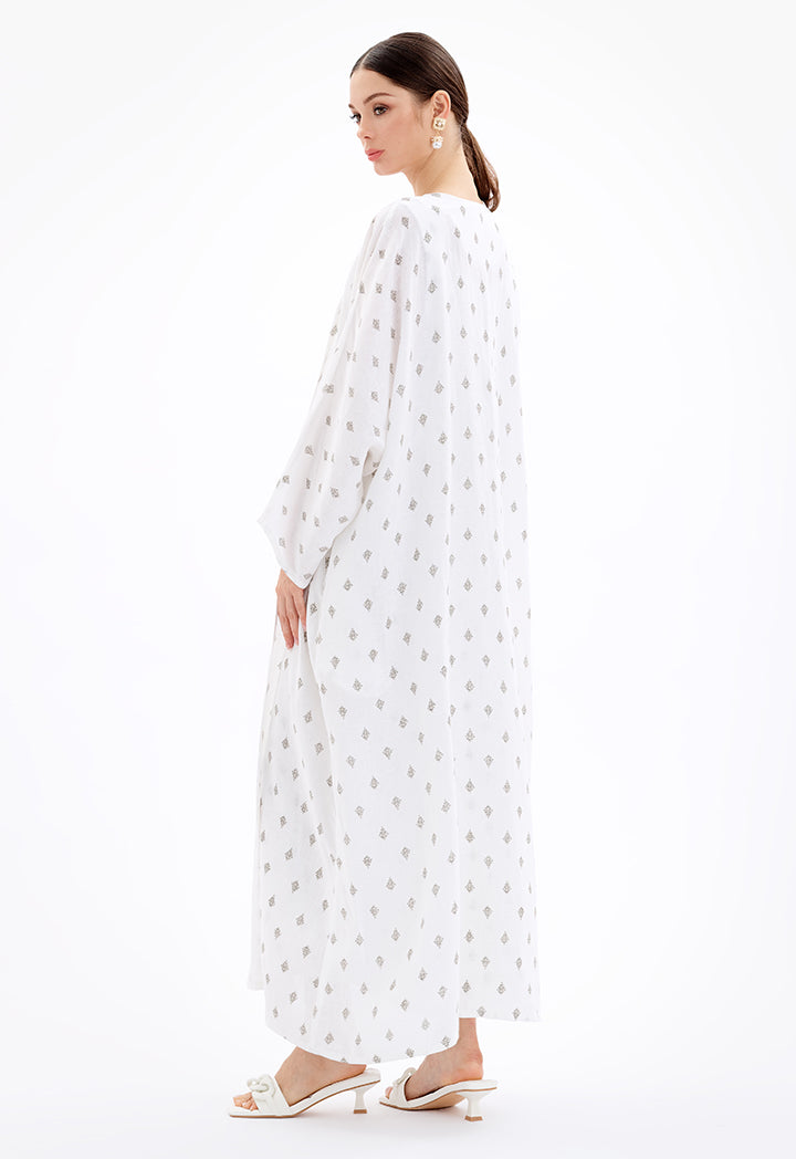 Choice Maxi Open Front Printed Kimono With Chunky Belt-Ramadan Style Off White