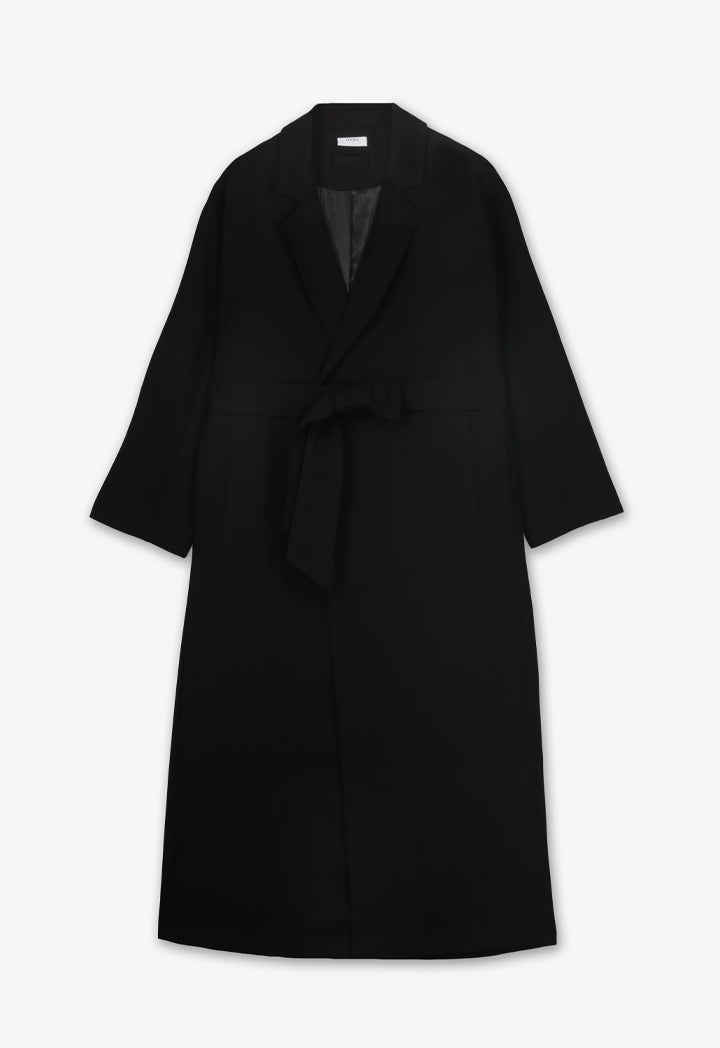 Choice Solid Pleated Belted Trench Coat Black