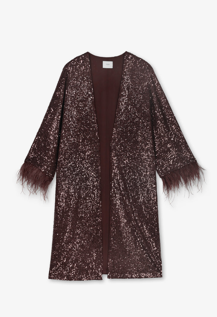 Choice Long Sleeve Sequin Kimono Brown