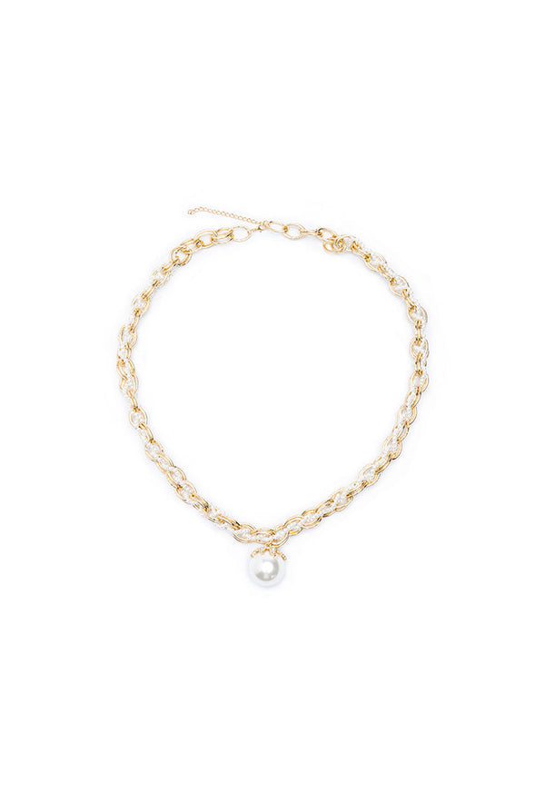 Choice Two Tone Chain Link Twist Braid Pearl Rhinestone Necklace Offwhite-Gold