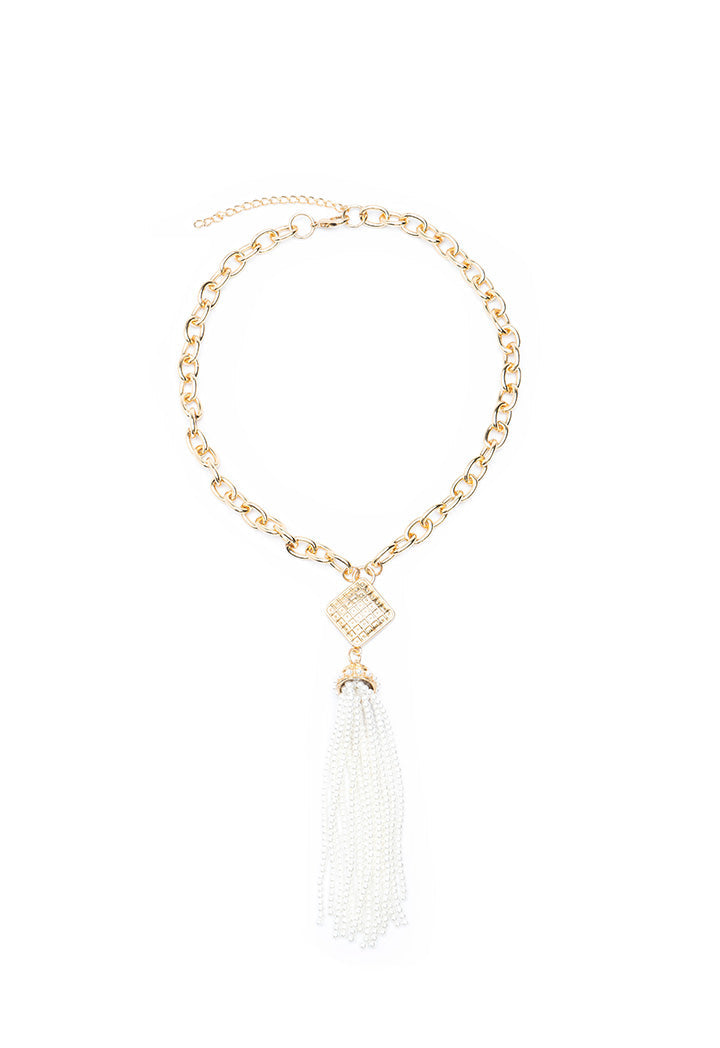 Choice Gold Tone Chain Link Beaded Tassel Choker Offwhite-Gold